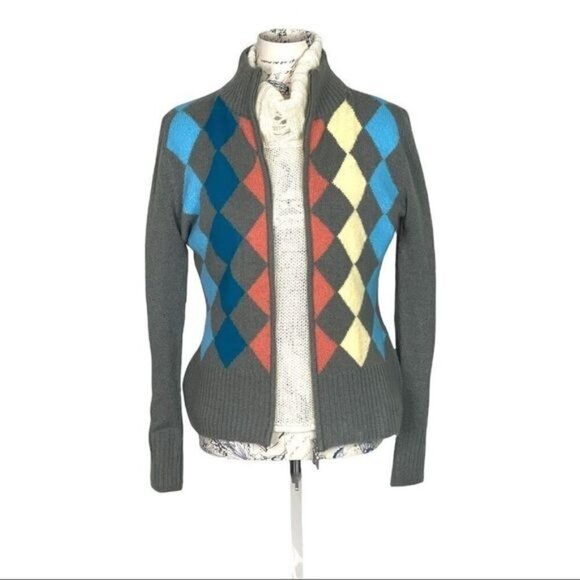 Gray Long Sleeve Full Zip Mohair Blend Argyle Pattern Cardigan - Picture 8 of 11